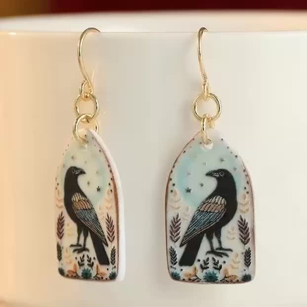 Vintage Crow Print Resin Earrings for Women